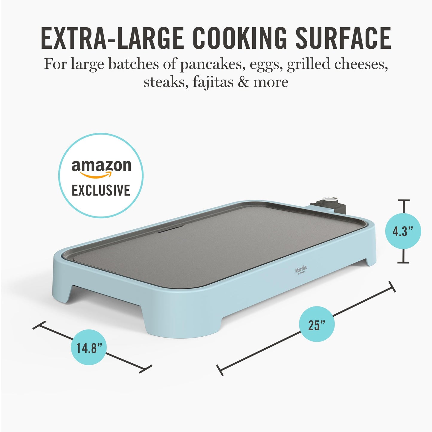 Martha Stewart 12” x 22” Electric Griddle, XL Ceramic Nonstick Flat Top Cooking Surface, Adjustable Temperature Dial, Drip Tray, Dishwasher Safe, 1500W Fast Even Heating, Pancakes & Eggs, Linen White