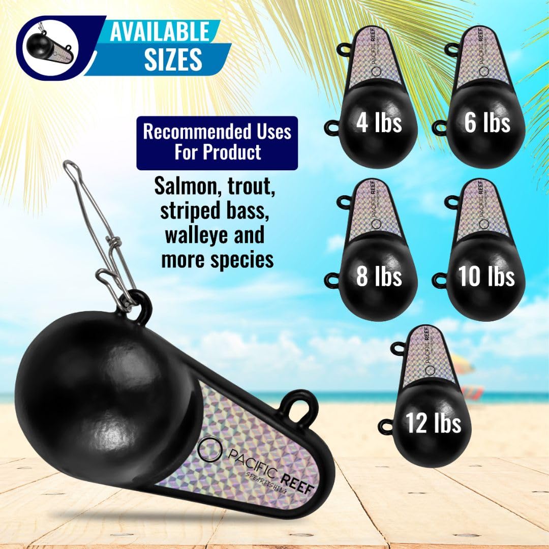 PacificReef® Downrigger Weight Oval w/Fin Coated Ball [4lbs, 6lbs, 8lbs, 10lbs, 12lbs] - Sinker for Downriggers Weight Pancake Oval Canon Ball with Protective Vinyl Coating for Salmon Trout