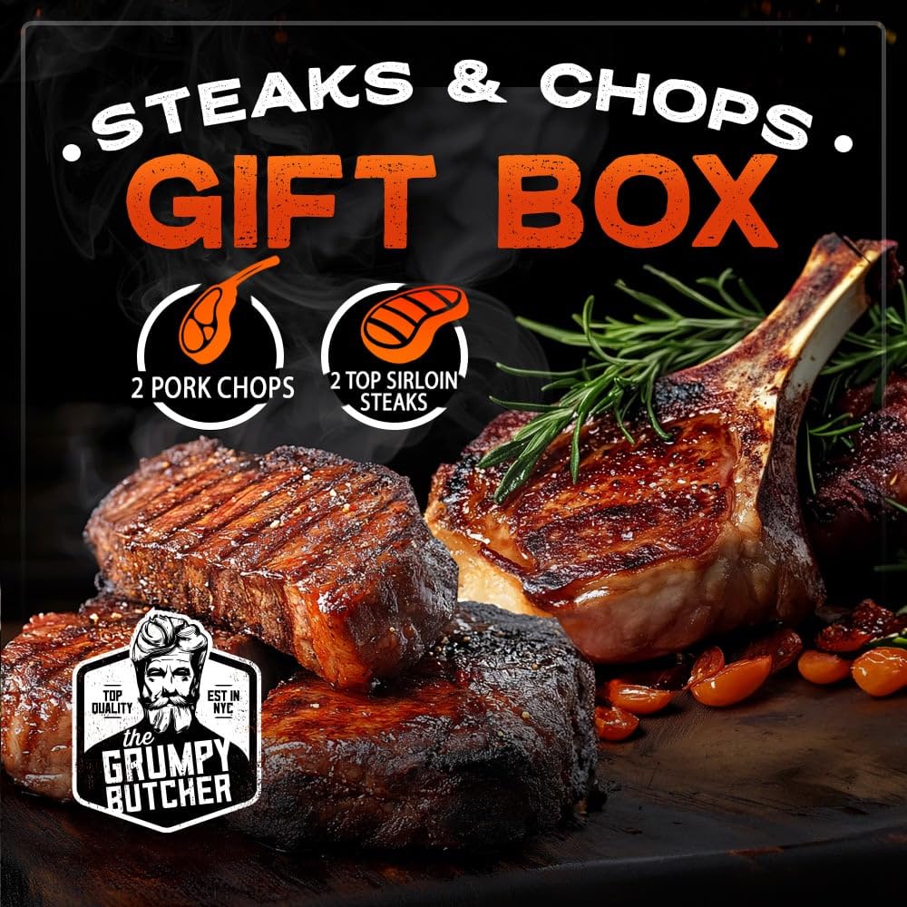 Grumpy Butcher Box Meat Food Gifts: 2 Top Sirloins Steaks (6 oz), 2 Duroc Bone in Pork Chops (14 oz) & 2 Cheese Stuffed Chicken Breasts Wrapped in Bacon (8 oz) - Gourmet Gift Basket for Men