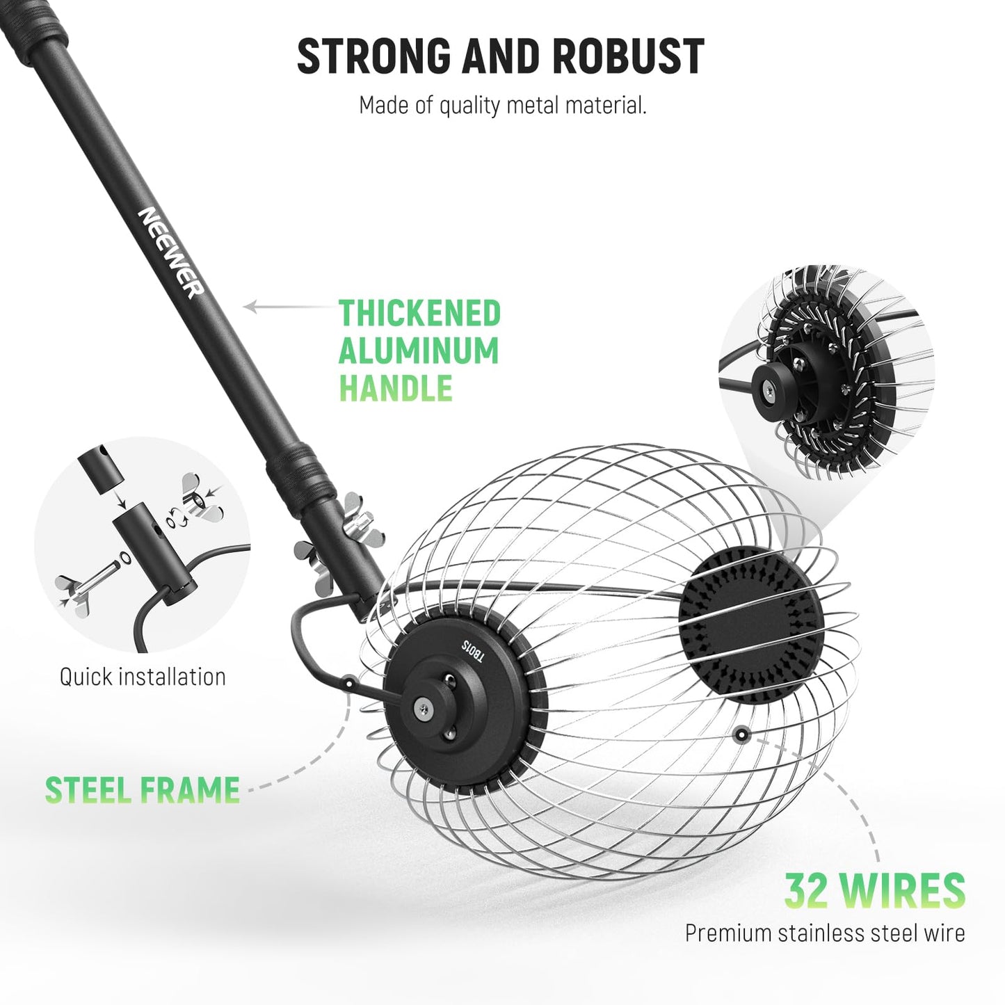 NEEWER Tennis Ball Pickleball Collector Roller, No Bending Over Quick Rolling Picker for 1.5"-3" Balls, 30-58"/77-148cm Telescopic Golf Ball Retriever for Up to 40 Tennis Balls, TB01S