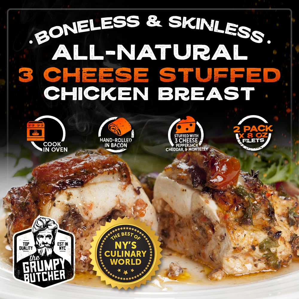 Grumpy Butcher Box Meat Food Gifts: 2 Top Sirloins Steaks (6 oz), 2 Duroc Bone in Pork Chops (14 oz) & 2 Cheese Stuffed Chicken Breasts Wrapped in Bacon (8 oz) - Gourmet Gift Basket for Men