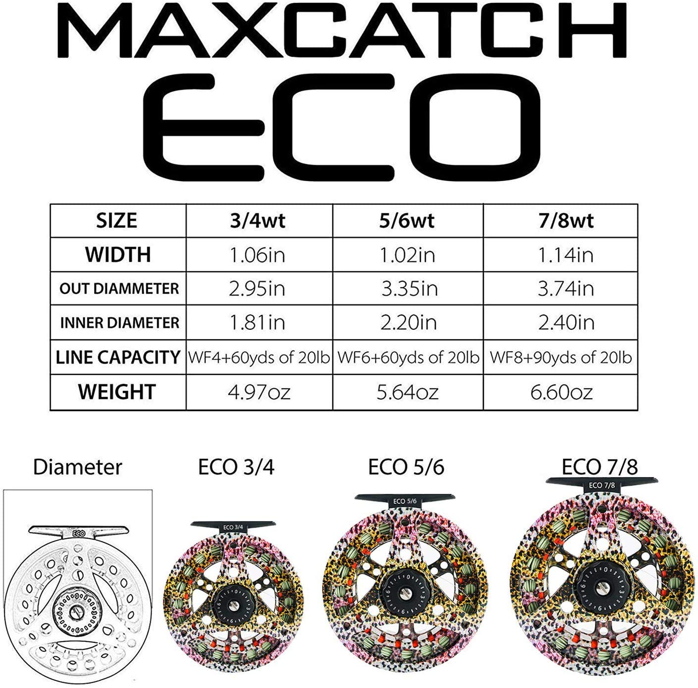 M MAXIMUMCATCH Maxcatch ECO Large Arbor Fly Fishing Reel (3/4wt 5/6wt 7/8wt) and Pre-Loaded Fly Reel with Line Combo