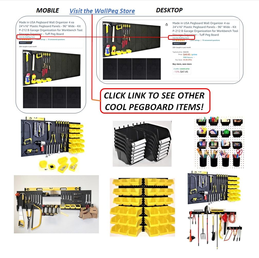 WallPeg Pegboard Wall Organizer - 96” Wide | 4 Pack 24”x16” Heavy Duty Plastic Peg Boards | Made in USA | Garage Tool Storage, Workshop, Craft Room, Office Wall Organizer | Tuff Peg-Board Panels