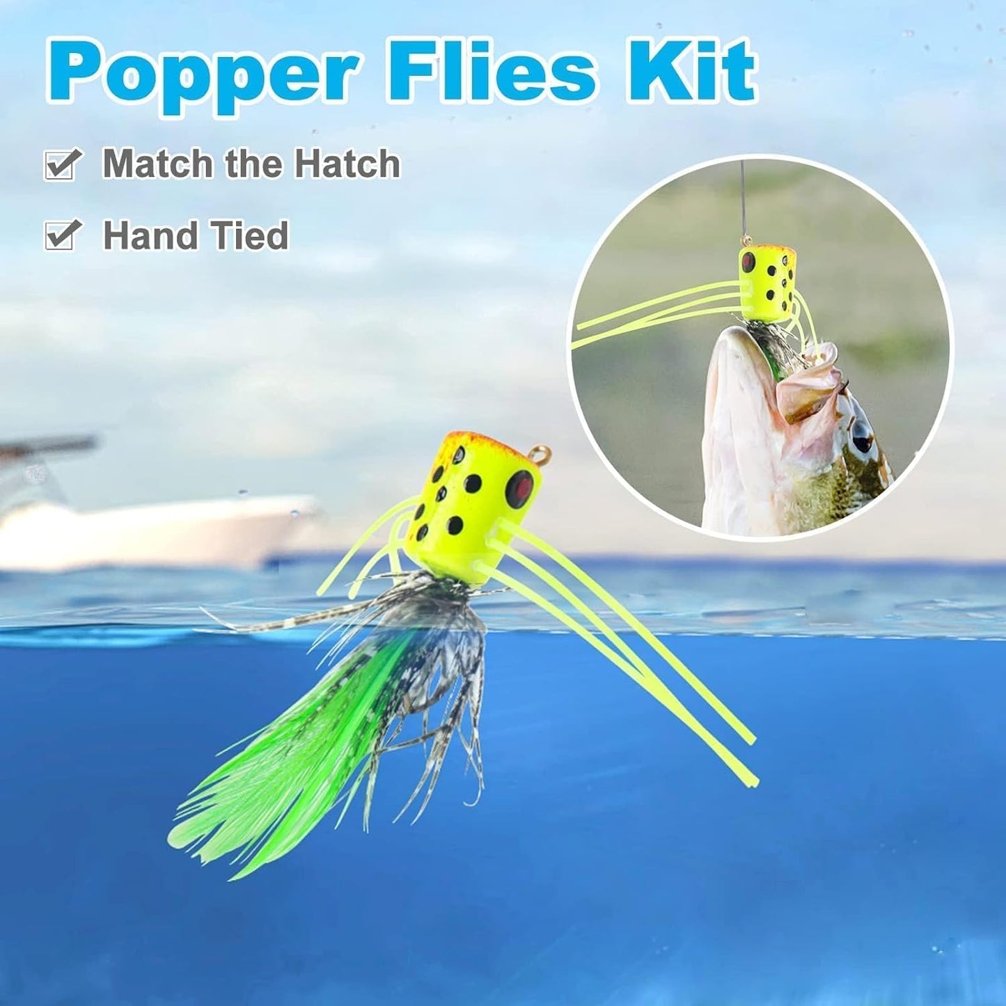 12 pcs Fly Fishing Popper Flies, Fly Popper Lures Bass Panfish Bluegill Crappie Popping Bug Sunfish Trout Salmon Poppers Flys Kit for Flys Fishing