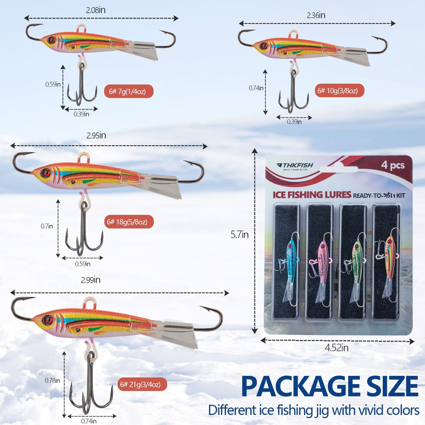 THKFISH Ice Fishing Jigs Ice Fishing Lures Ice Fishing Gear for Crappie, Panfish, Walleye, Bluegill Vertical Jigs Kit Ice Fishing Tackle 4PCS/8PCS 10g(0.35oz) 18g(0.63oz)