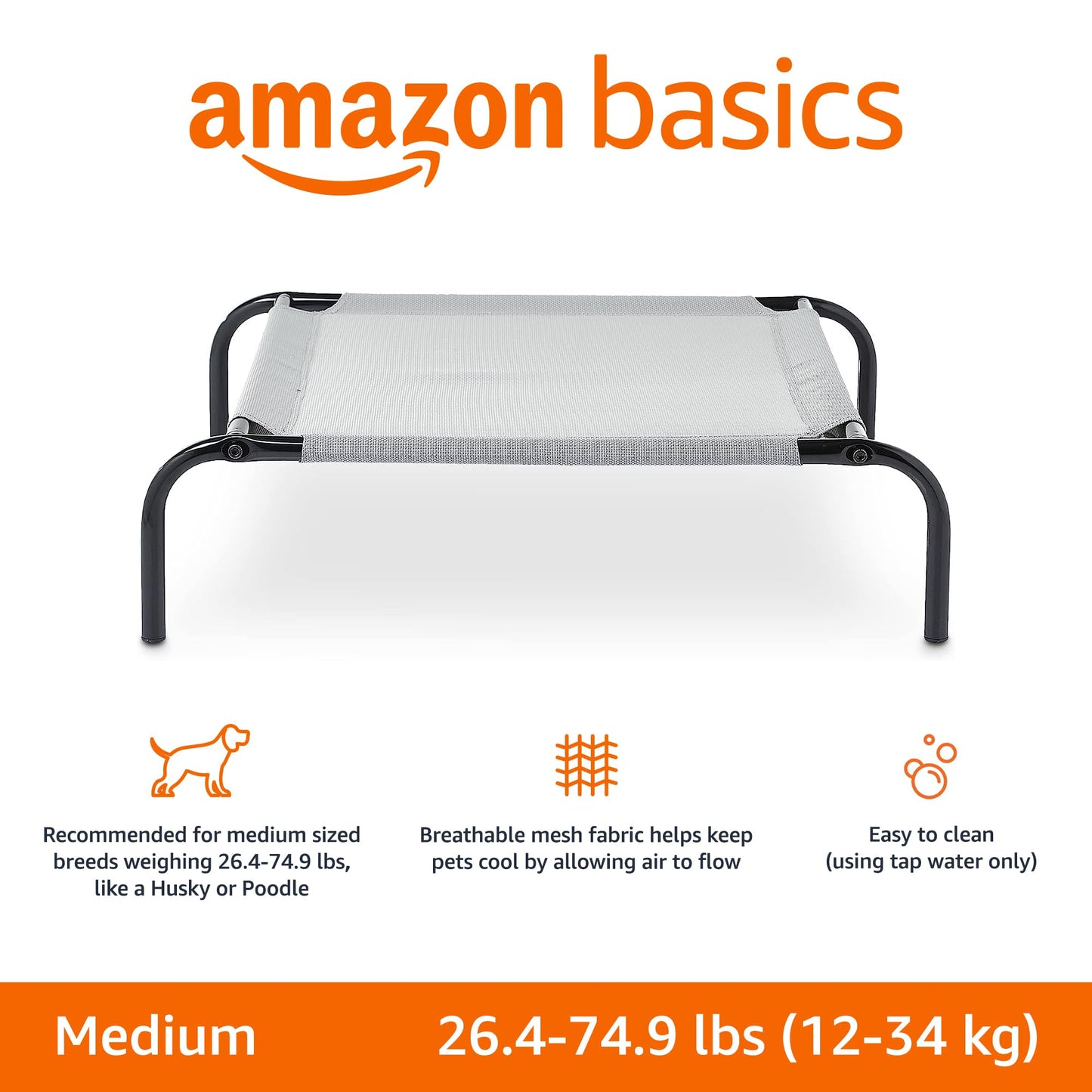 Amazon Basics Cooling Breathable Elevated Dog Bed with Durable Metal Frame, Medium, 43 x 26 x 7.5 Inch, Grey, Easy to Assemble