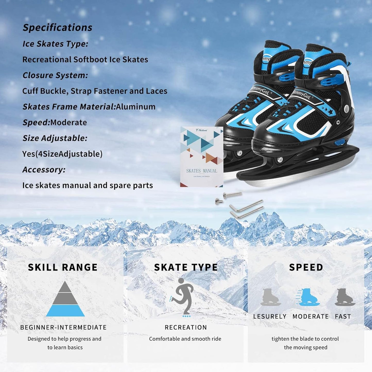 MammyGol Adjustable Ice Skates for Kids, Boys and Girls, Hockey Lace-Up Skate, Blue Ice Skating Size L for Beginner