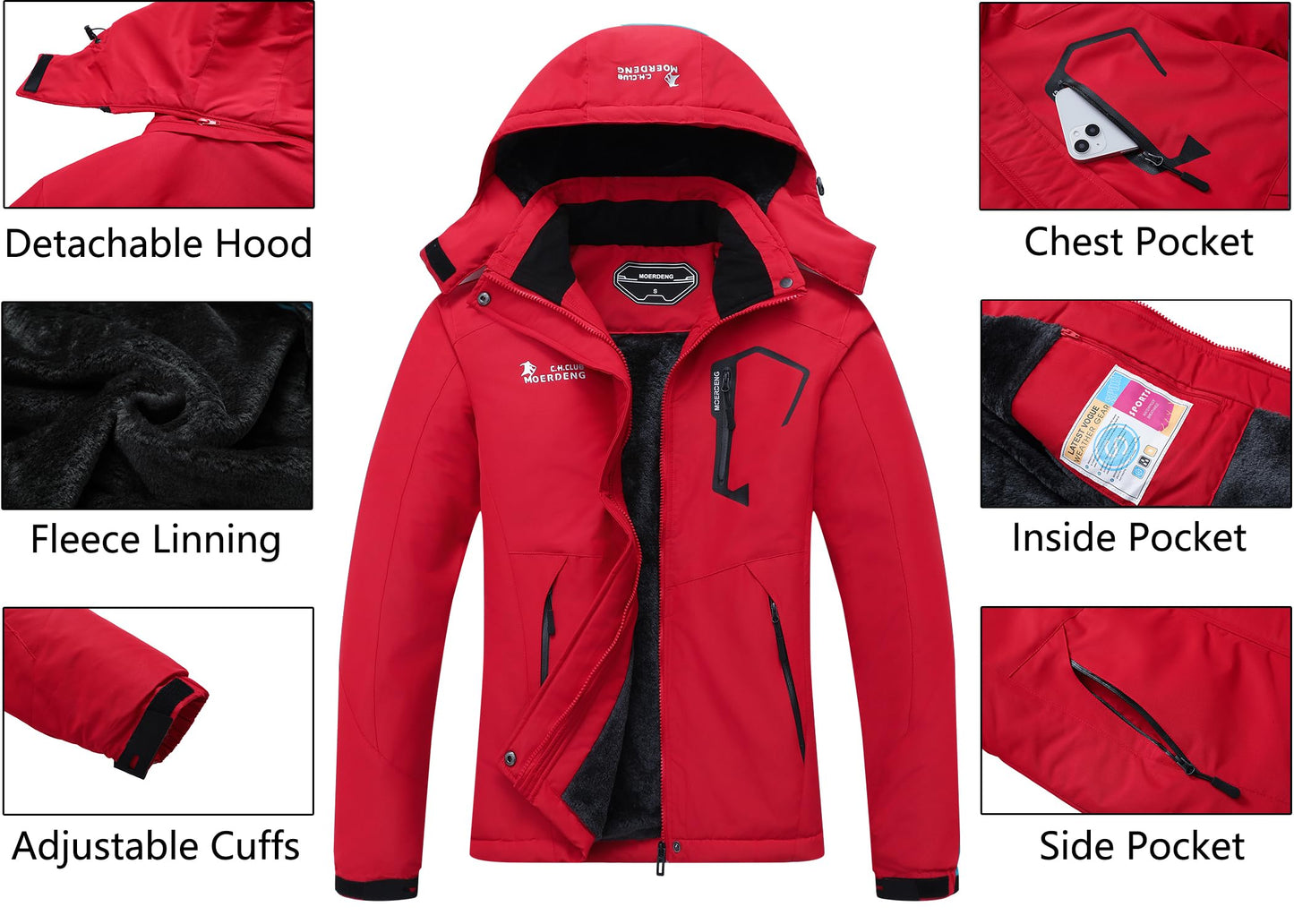 MOERDENG Women's Waterproof Ski Jacket Warm Winter Snow Coat Mountain Windbreaker Hooded Raincoat Jacket