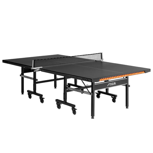 STIGA Carbon Series Indoor Ping Pong Tables with 15mm - 18mm Performance Top, QuickPlay Assembly, Built-in Ball Storage, Foldable Playback Mode & Lockable Casters
