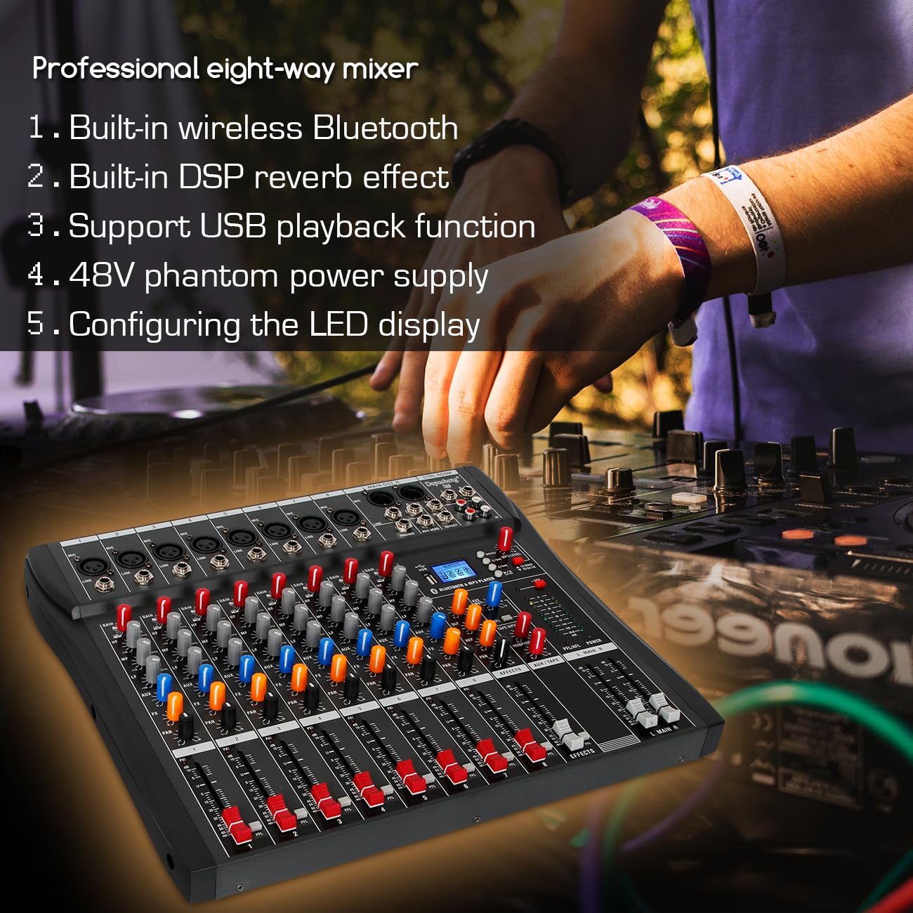Depusheng DX8 Professional Mixer Sound Board Console 8 Channel Desk System Interface Digital USB MP3 Input 48V Phantom Power Stereo DJ Studio FX Steel Chassis,Black Bluetooth USB Audio Mixer for PC