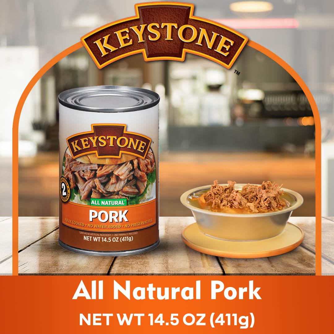 Keystone Meats All Natural Heat and Serve Canned Pork 14.5 Oz Fully Cooked Shelf Stable Canned Meat Emergency Survival Canned Food Ready to Eat No Preservatives Gluten Free Made in USA Pack of 24