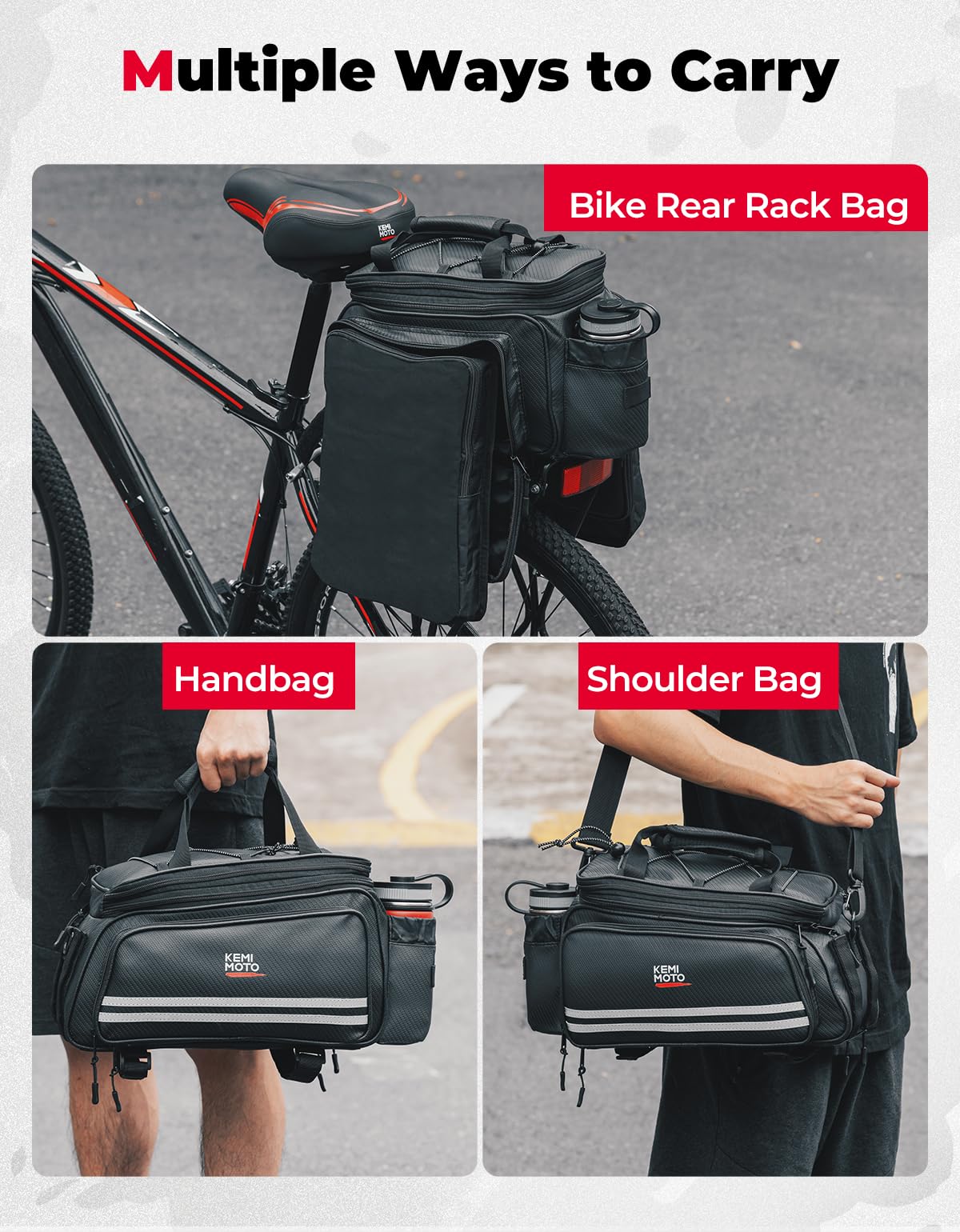 KEMIMOTO Bike Rear Rack Bag Bicycle Trunk Bag 20L Capacity Water Resistant Multifunctional Bicycle Pannier with Rain Cover Bike Saddle Bag for Rear Rack Grocery Shopping Commuter Cycling Trip Black