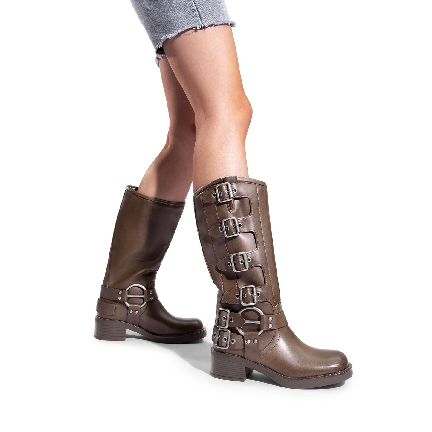 DREAM PAIRS Women's Knee High Riding Boots Slip On Motorcycle Boots Square Toe Chunky Heel Fashion Buckles Biker Boots