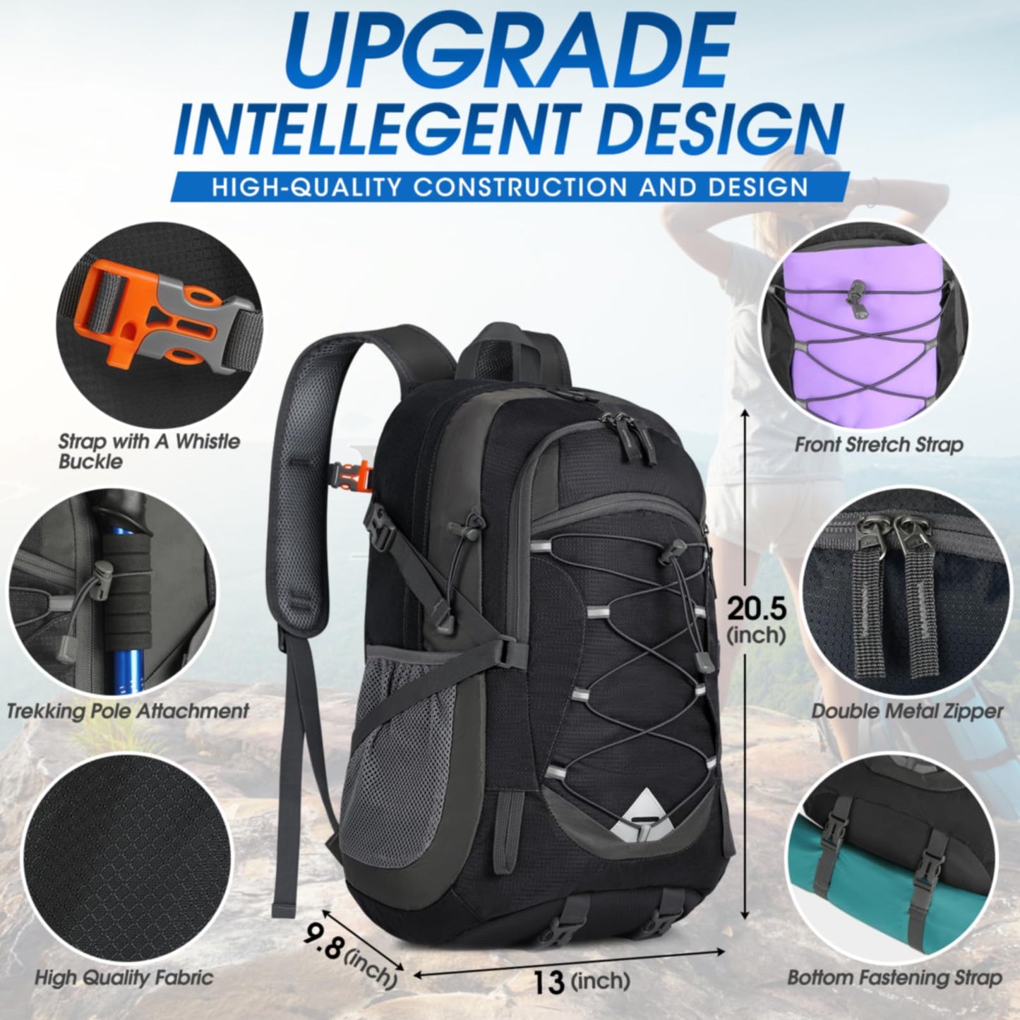 IGOLUMON Hiking Backpack 40L Packable Lightweight Camping Backpack Men Women Waterproof Hiking Daypack Outdoor Travel Daypack,Black