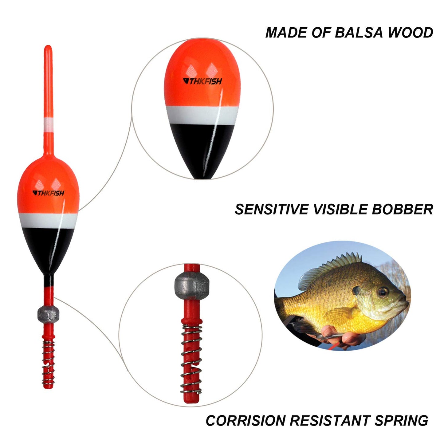 THKFISH Fishing Floats and Bobbers Balsa Wood Floats Spring Bobbers with Oval Slip Bobbers for Crappie Panfish Walleyes Fixed Bobber (1"X0.7"X6") (1.25"X0.75"X6") (2"X1.14"X5.86") 5pcs