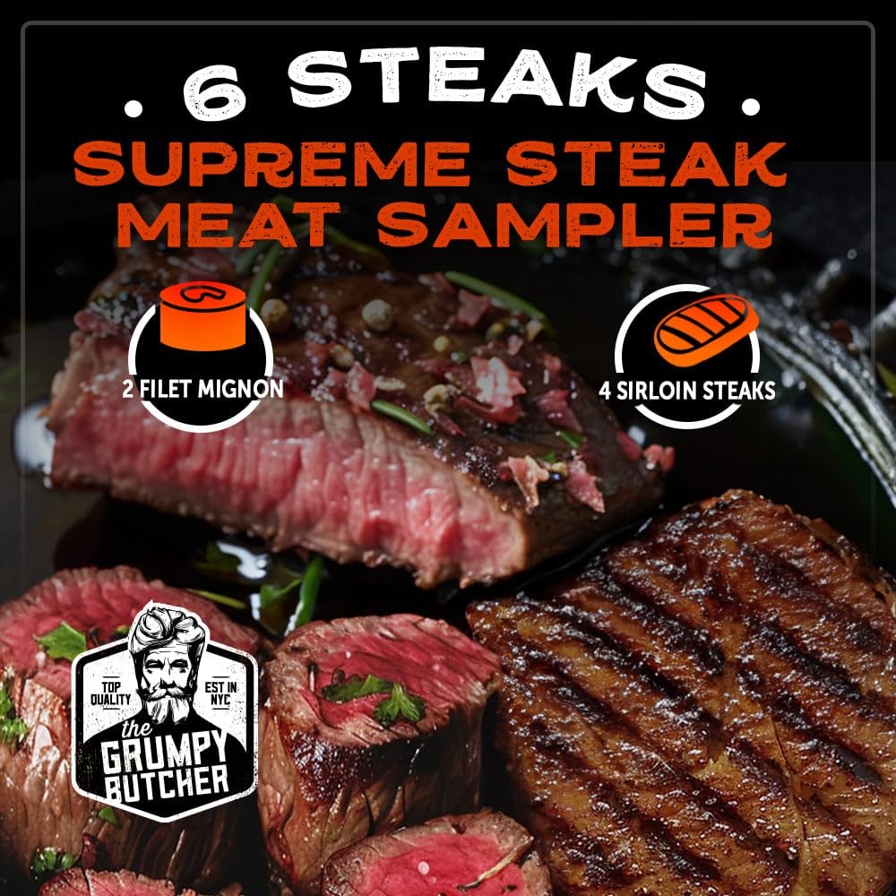 Grumpy Butcher Box Meat Food Gifts: 2 Top Sirloins Steaks (6 oz), 2 Duroc Bone in Pork Chops (14 oz) & 2 Cheese Stuffed Chicken Breasts Wrapped in Bacon (8 oz) - Gourmet Gift Basket for Men
