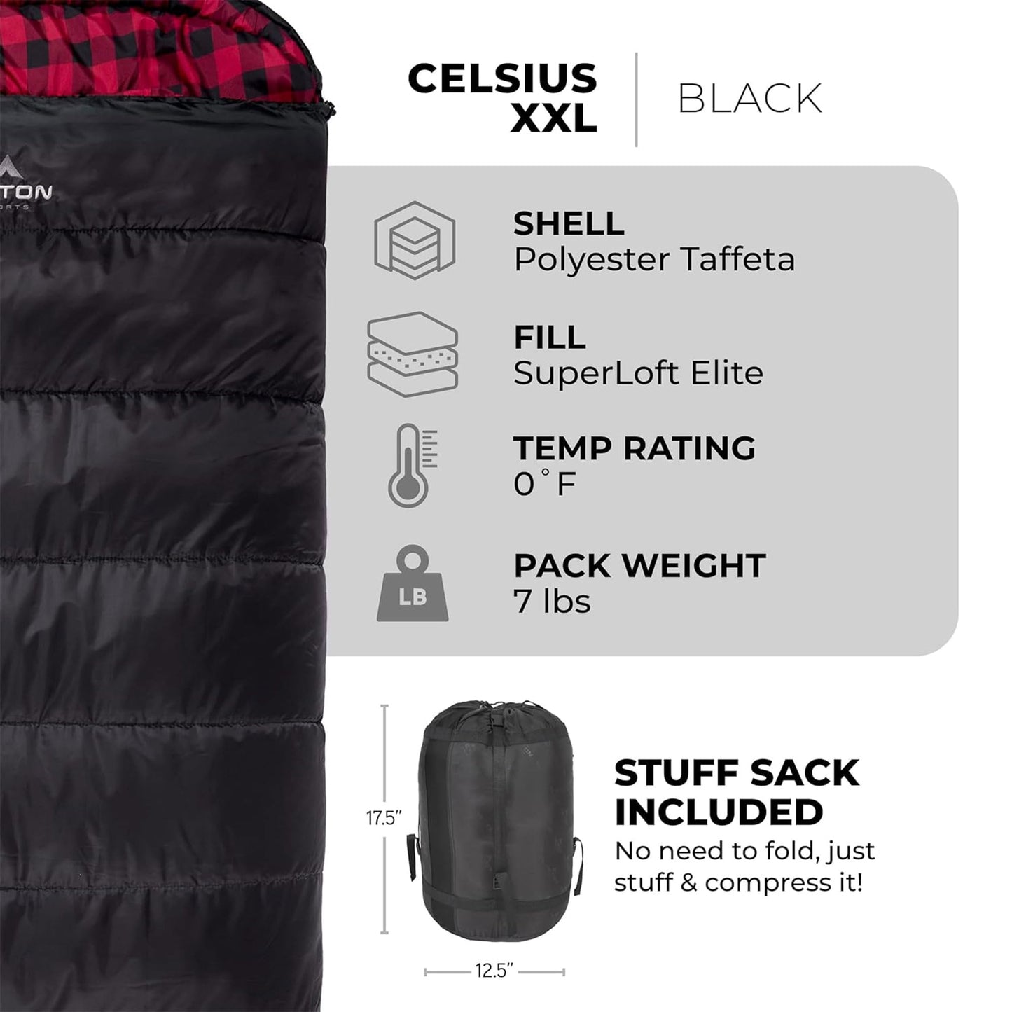 TETON Sports Celsius XXL, 0 Degree Sleeping Bag with Compression Sack, Right Zipper, and SuperLoft Elite Material for Camping and Base Camp, Black
