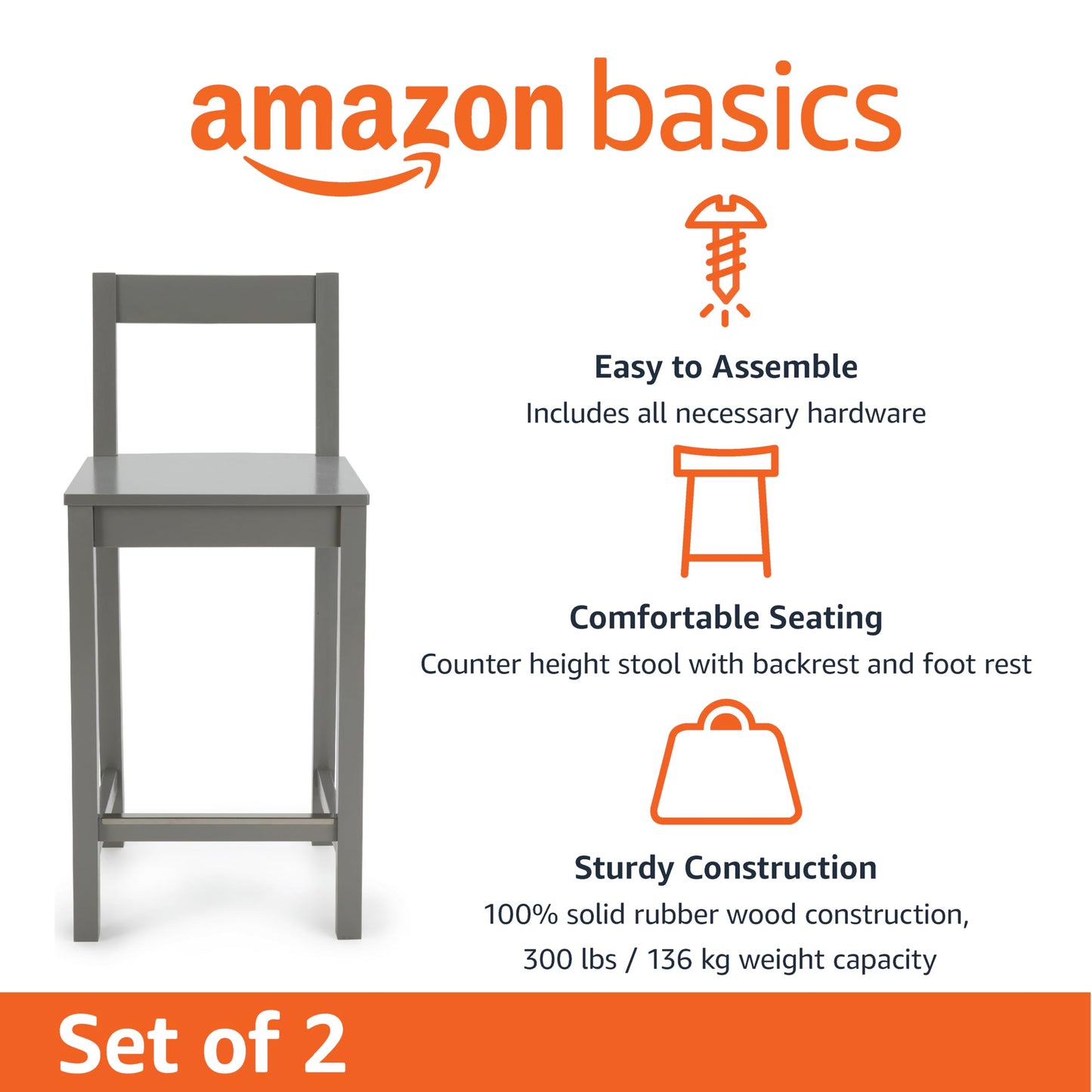 Amazon Basics Wooden Bar Stool with Backrest 24", Grey, Set of 2