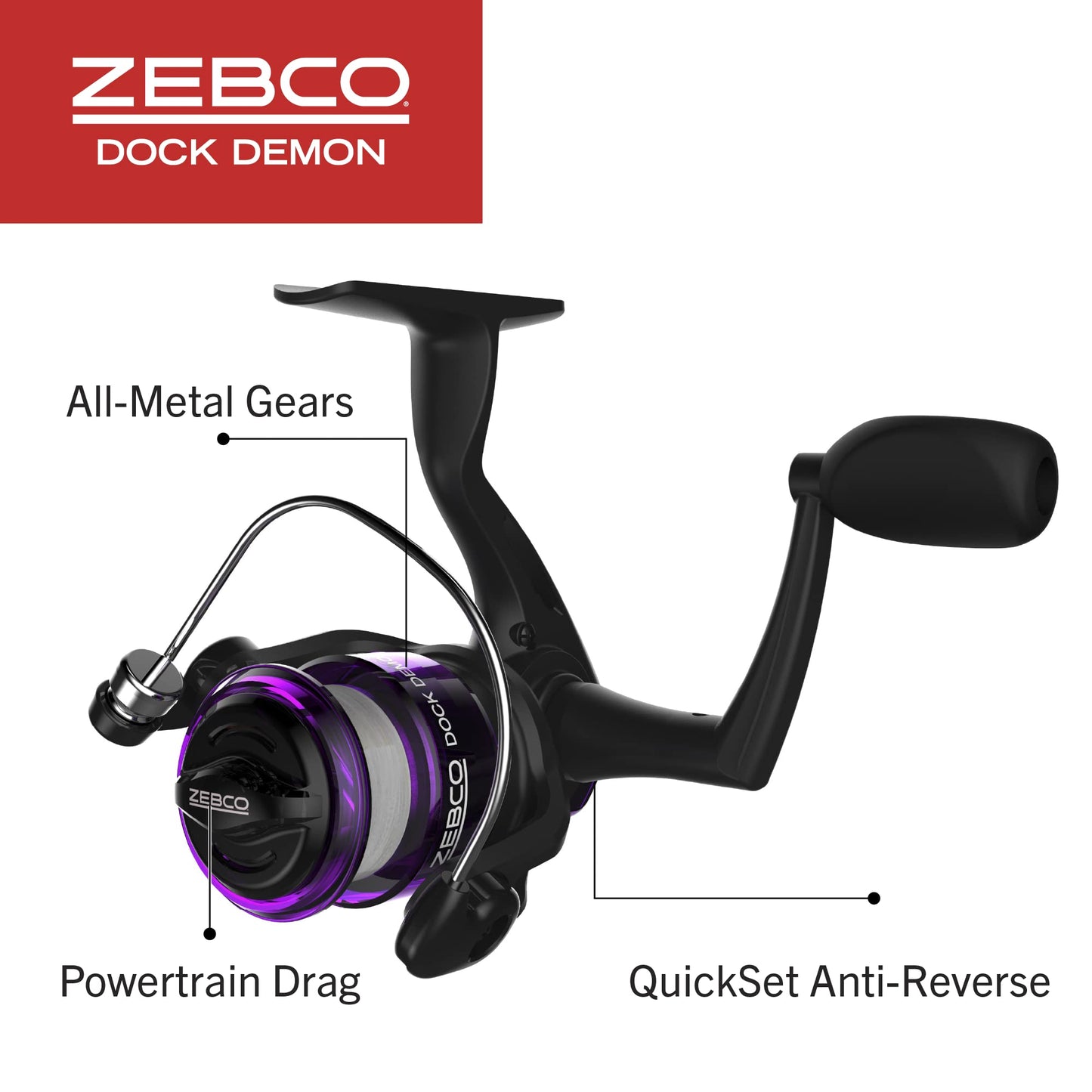 Zebco Dock Demon Spinning Reel and Fishing Rod Combo, 30-inch 1-Piece Fiberglass Fishing Pole, EVA Rod Handle, Size 10 Reel, Powertrain Drag, Pre-Spooled with 6-Pound Zebco Line, Purple