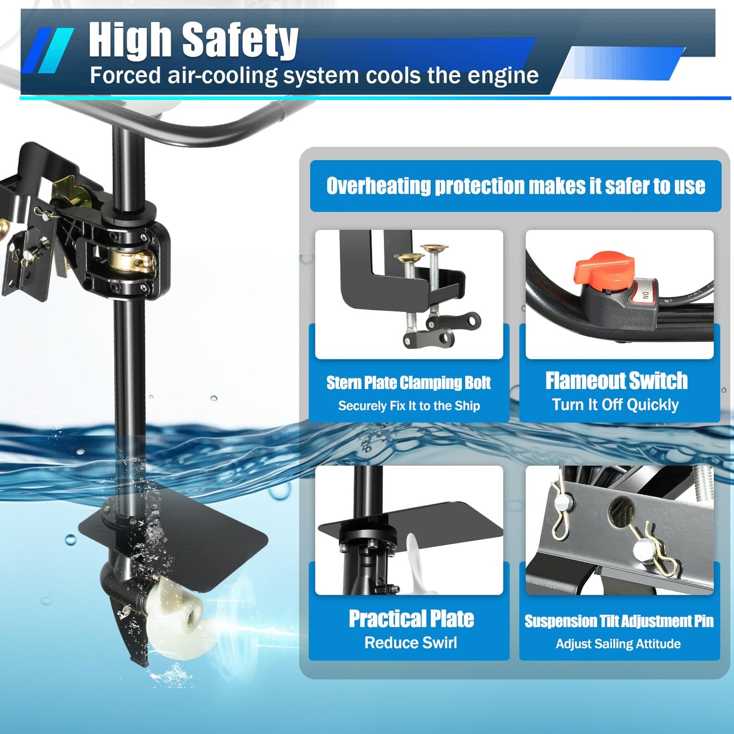 52cc Single Cylinder Gas 2.3HP Outboard Motor, Long Shaft with Air Cooling for Inflatable, Rubber, Fishing Boats, Yachts, Water Sports