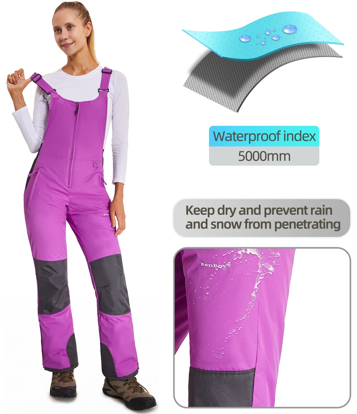 BenBoy Women's Snow Bibs Ski Waterproof Windproof Insulated Overalls Ripstop Snowboard Pants Winter
