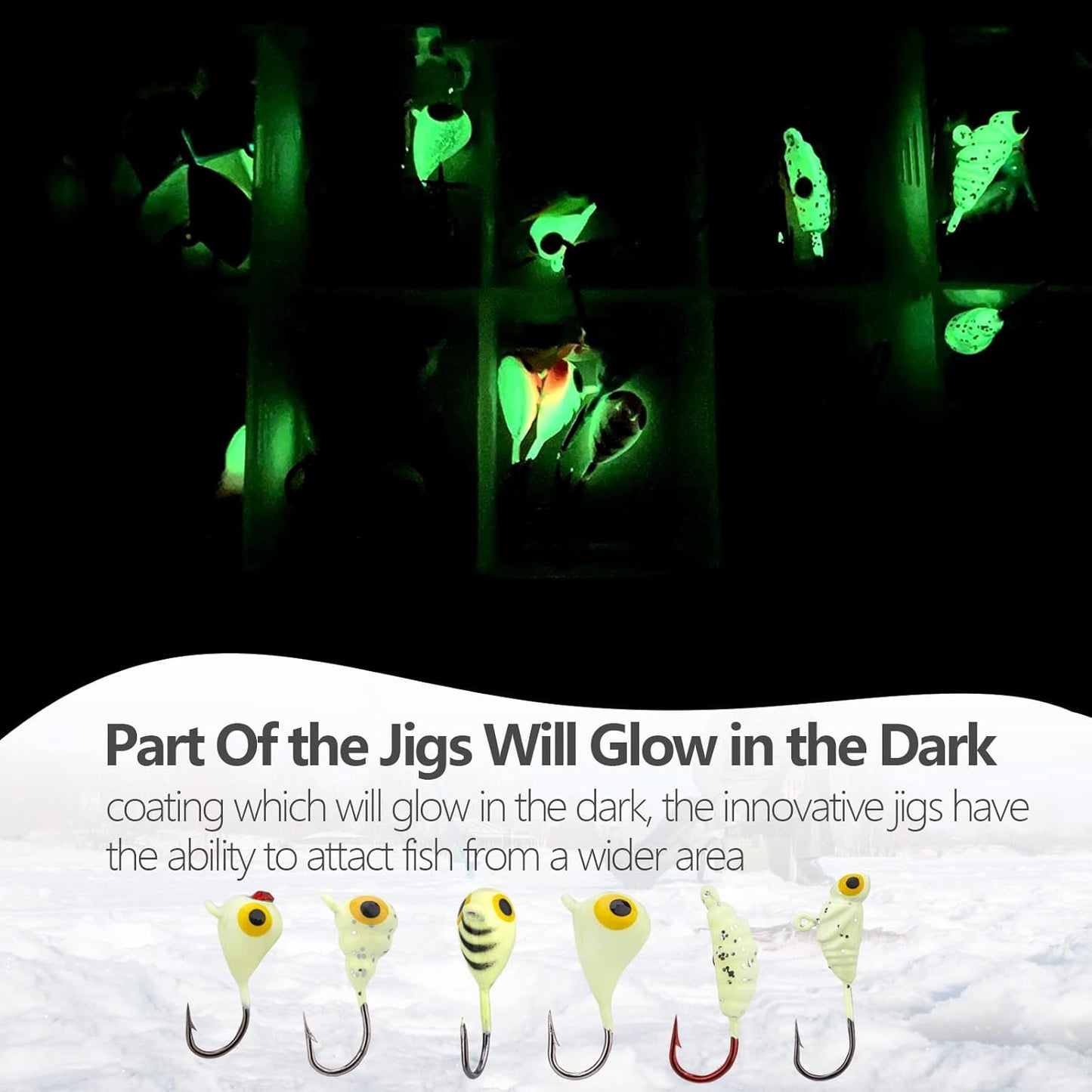 THKFISH Ice Fishing Jigs 54pcs Glow Ice Fishing Lures, Walleye Jig Ice Fishing Jigs Kit Ice Fishing Gear for Crappie Bass Walleye Saltwater Freshwater Fishing Gear