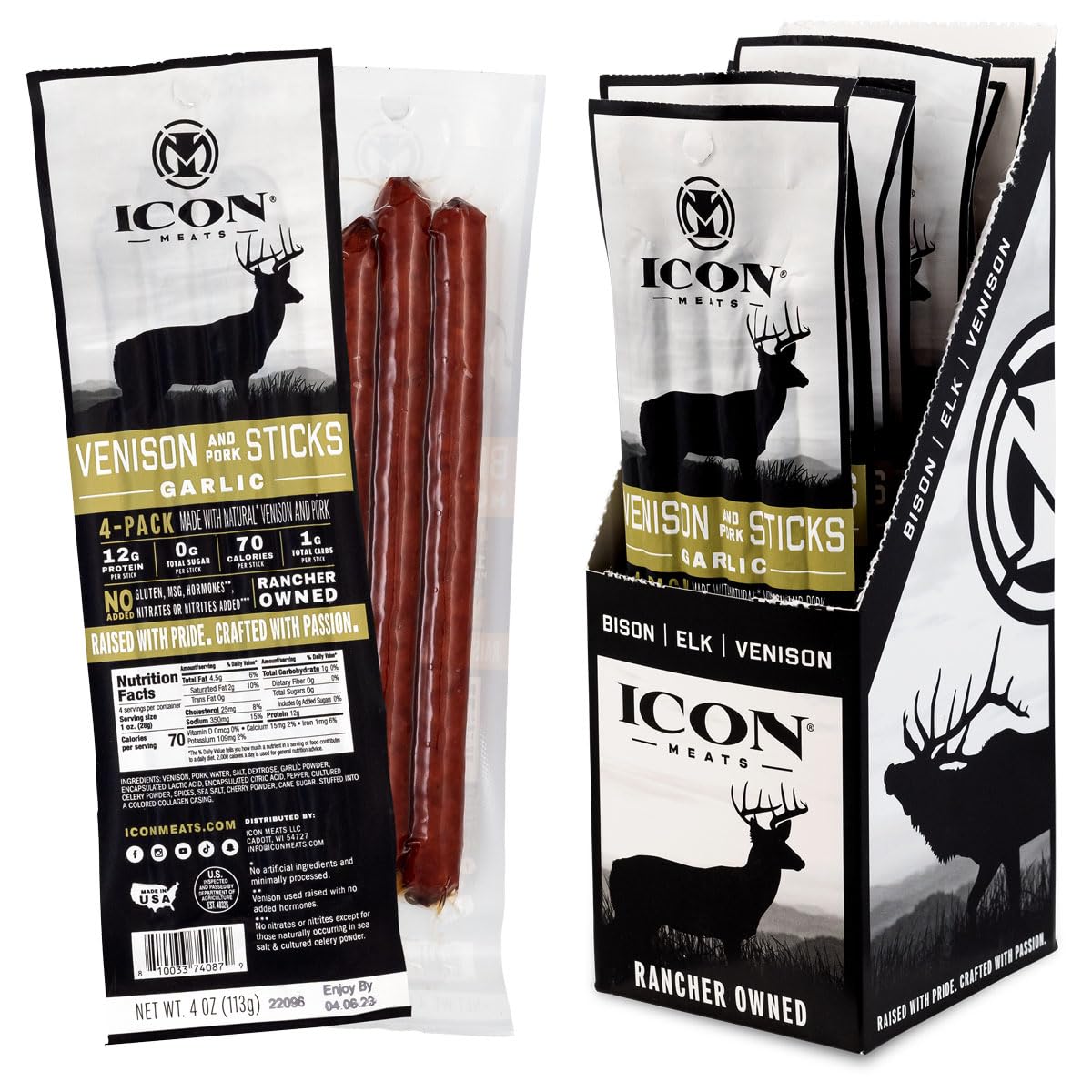 ICON Meats Snack Sticks Sampler - Assorted Flavors of Bison, Elk, Venison and Pork Jerky Sticks - 24 Pack of Individually Wrapped Meat Sticks, 6 Per Flavor – USDA Approved, All Natural Artisan Meats