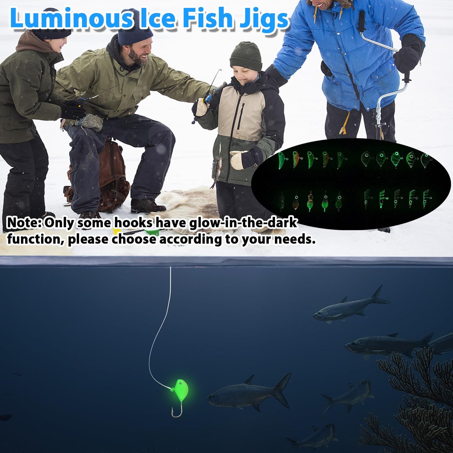 Ice Fishing Jigs Kit, 30/60Pcs Glow Ice Fishing Lure Set for Winter Ice Jigging Crappie Sunfish Perch Panfish Walleye Pike Jigs, Ice Fishing Gear with Storage Box