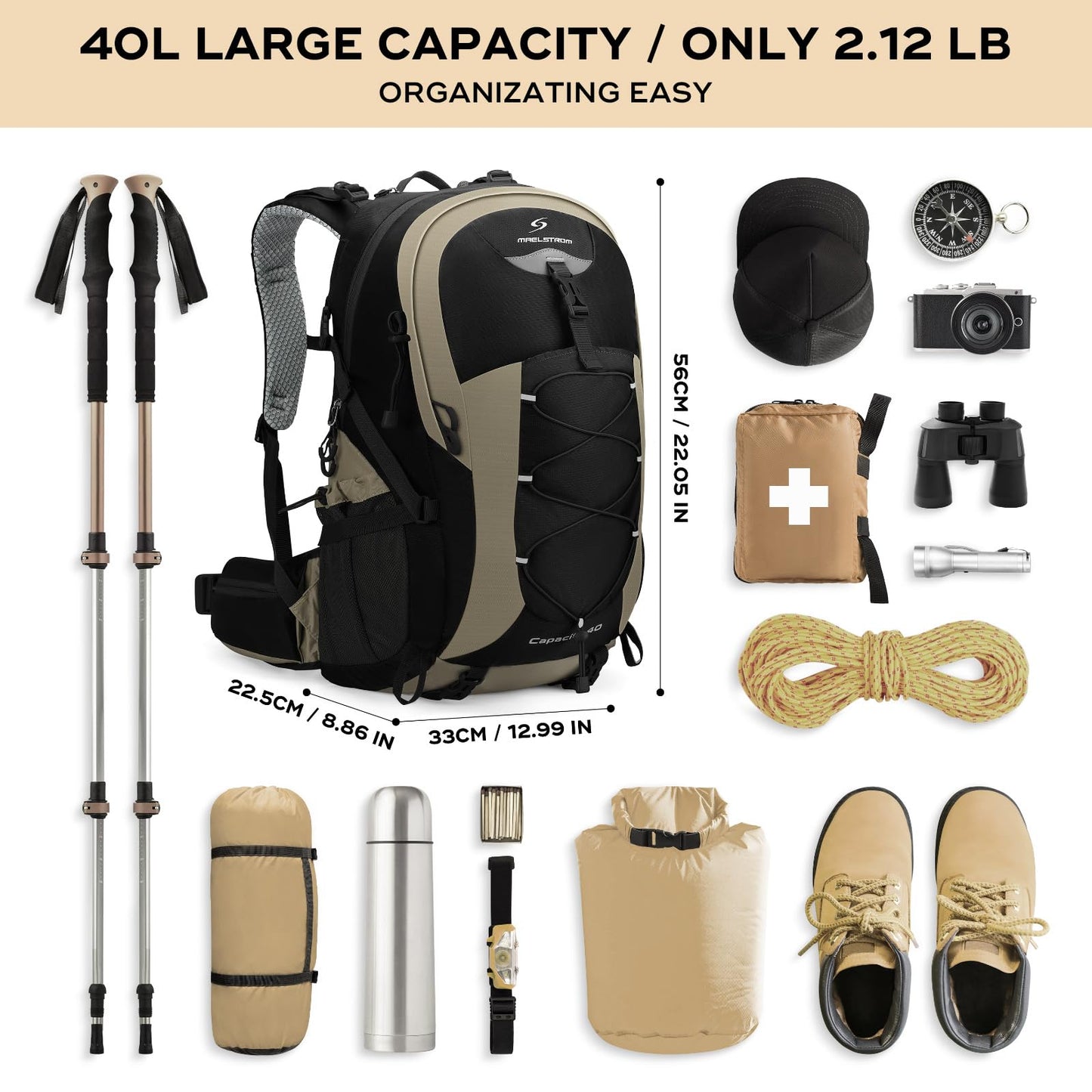 Maelstrom Hiking Backpack,Camping Backpack,40L Waterproof Hiking Daypack with Rain Cover,Lightweight Travel Backpack,Khaki