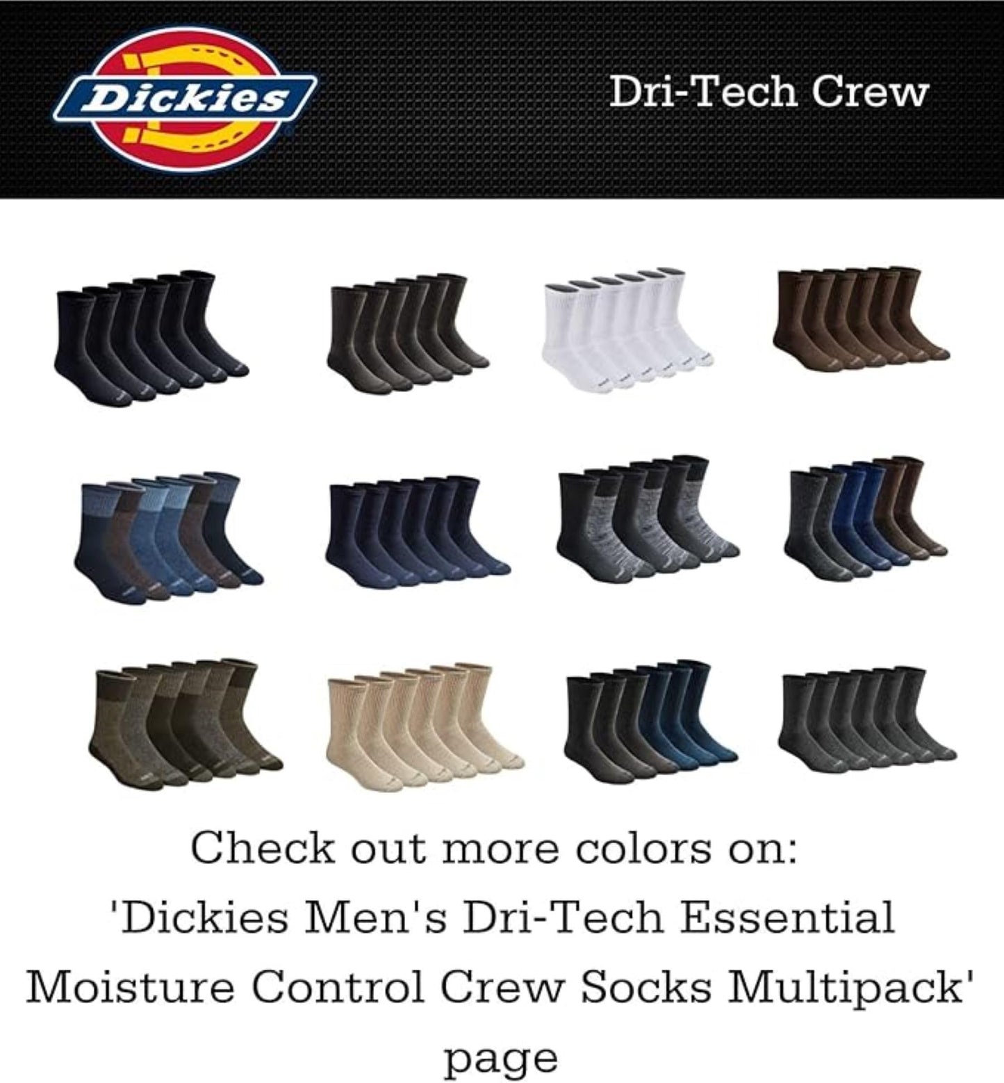 Dickies Men's Dri-Tech Original Moisture Control Crew Socks, Available in M-XXL (6, 12, 18 Pairs), Black Bright (6 Pairs), Large