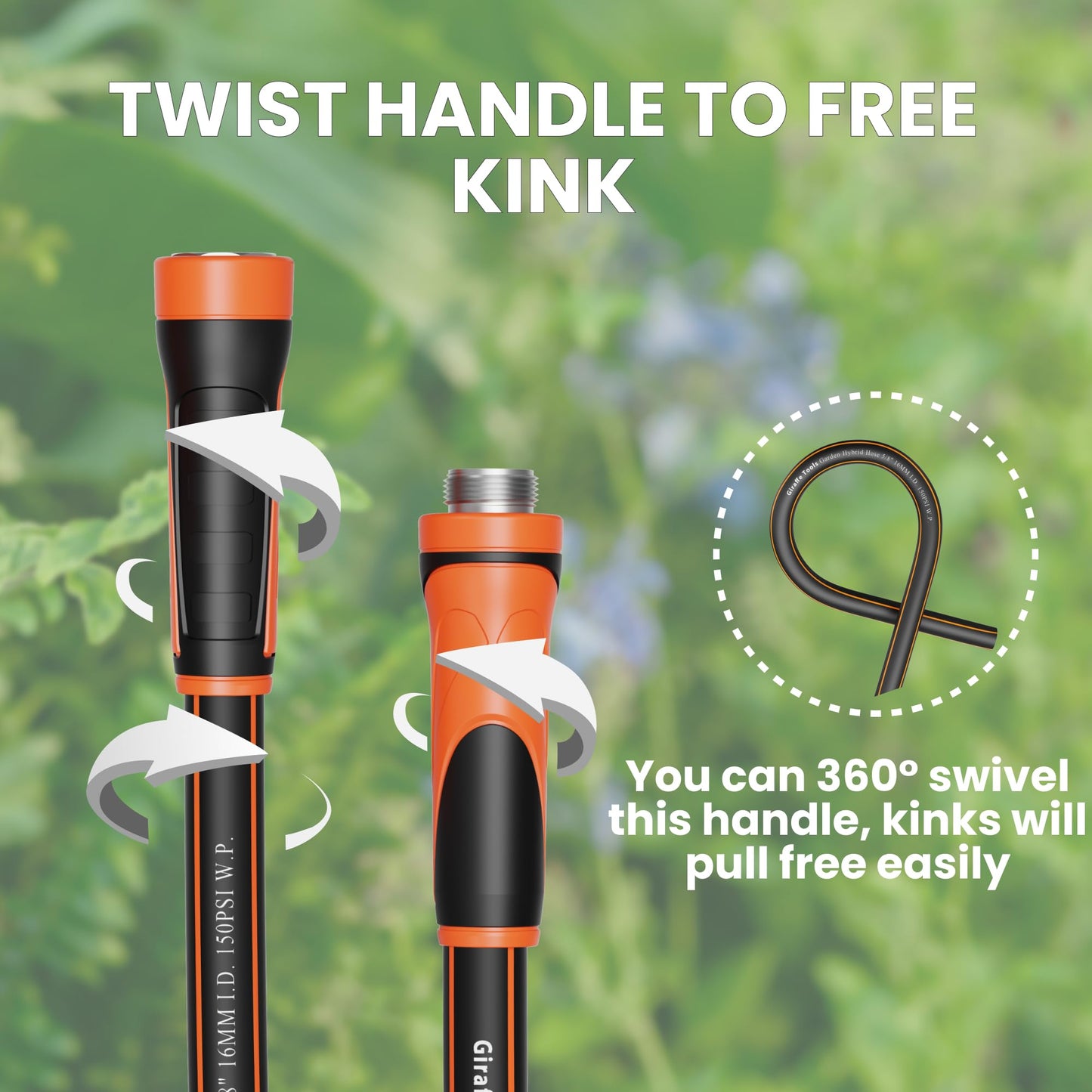 Giraffe Tools Garden Hose 50ft x 5/8", Water Hose Heavy Duty, Flexible, Lightweight Hybrid Hose with Swivel Handle, Male to Female Fittings, Burst 600 PSI