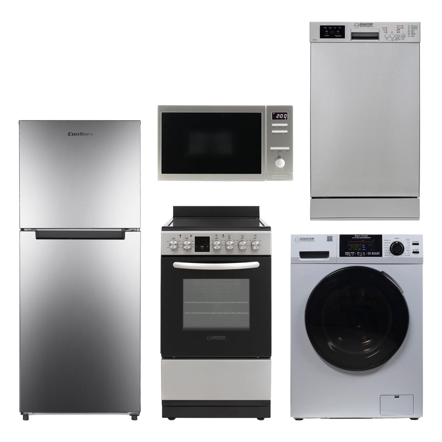 Equator TINY HOME ULTRA COMPACT APPLIANCE PACK- Combo Washer-Dryer+Dishwasher+Cooking Range+Refrigerator+Microwave