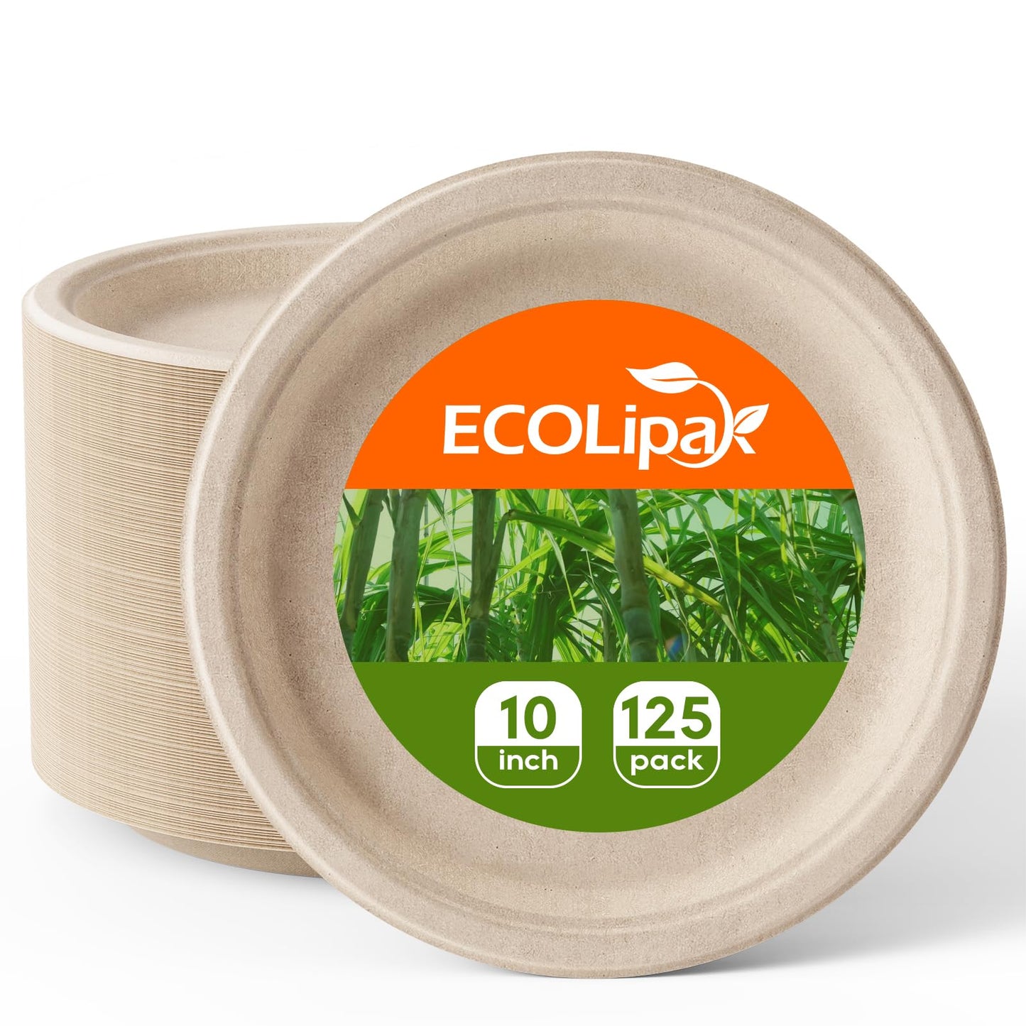 ECOLipak 100% Compostable 10 Inch Heavy Duty Paper Plates, 150 Pack Disposable Biodegradable Eco-friendly Sugarcane Bagasse Plates for Dinner Party(White)