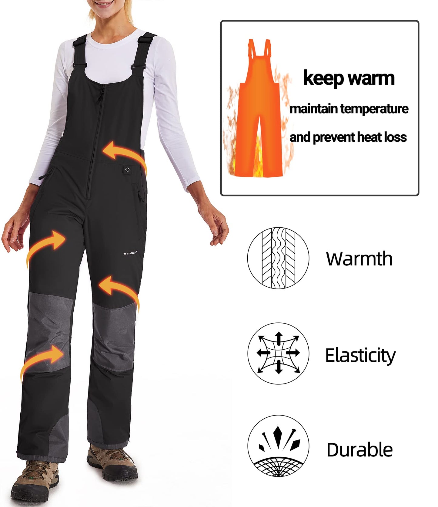 BenBoy Women's Snow Bibs Ski Waterproof Windproof Insulated Overalls Ripstop Snowboard Pants Winter
