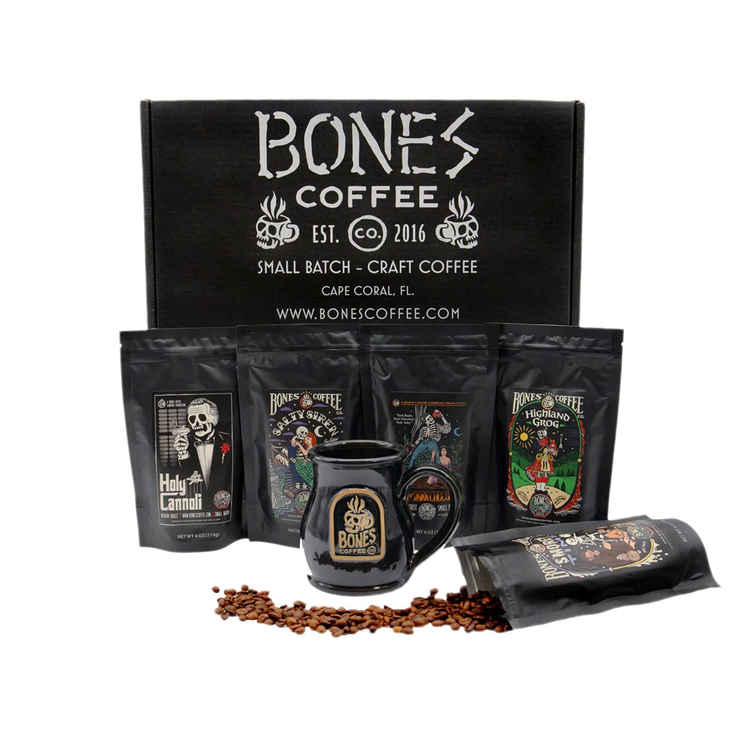 Bones Coffee Company World Tour Coffee Gift Set, 5 Packs Flavored Coffee, Medium Roast Low Acid, 4 Oz Ground