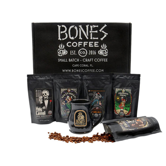 Bones Coffee Company World Tour Coffee Gift Set, 5 Packs Flavored Coffee, Medium Roast Low Acid, 4 Oz Ground