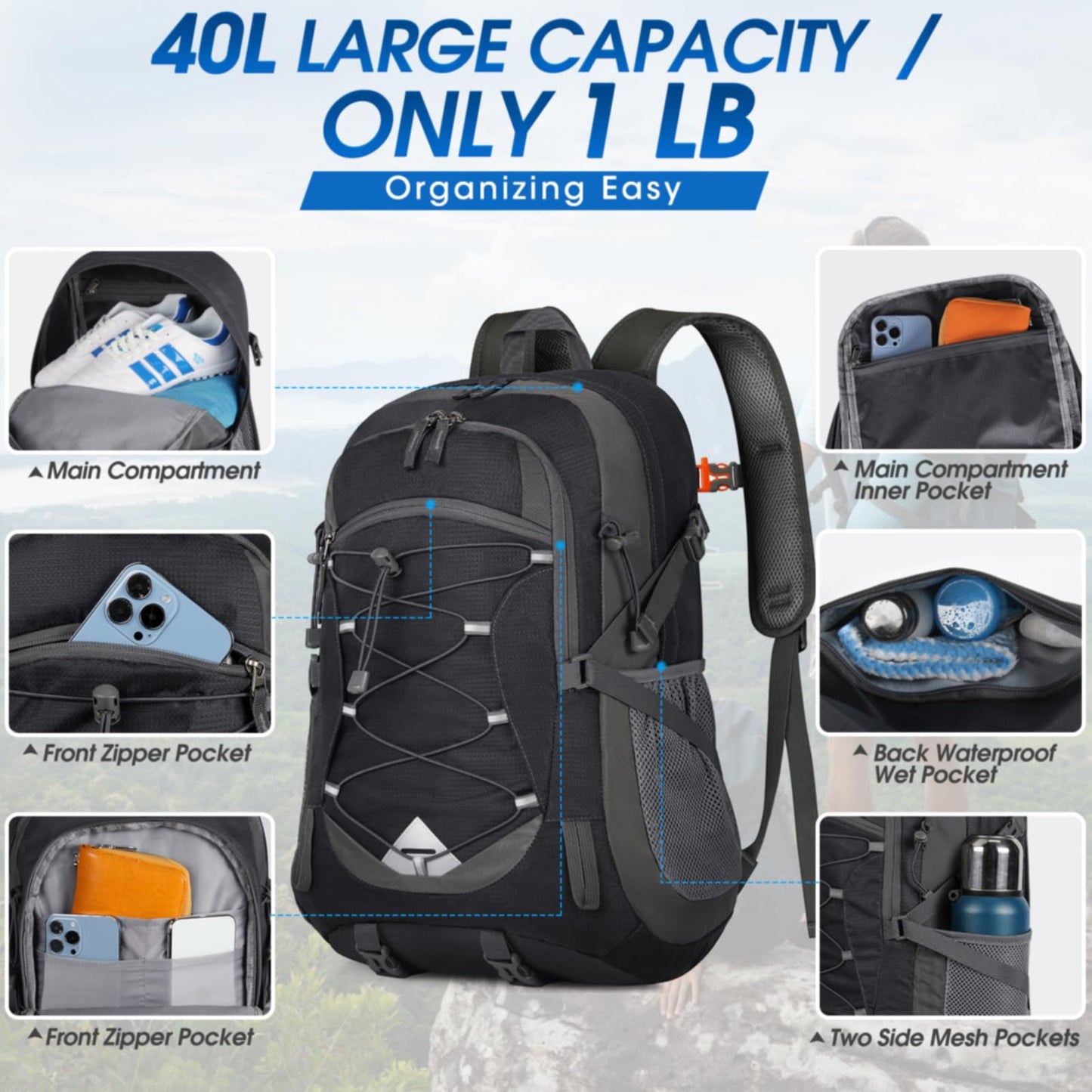 IGOLUMON Hiking Backpack 40L Packable Lightweight Camping Backpack Men Women Waterproof Hiking Daypack Outdoor Travel Daypack,Black
