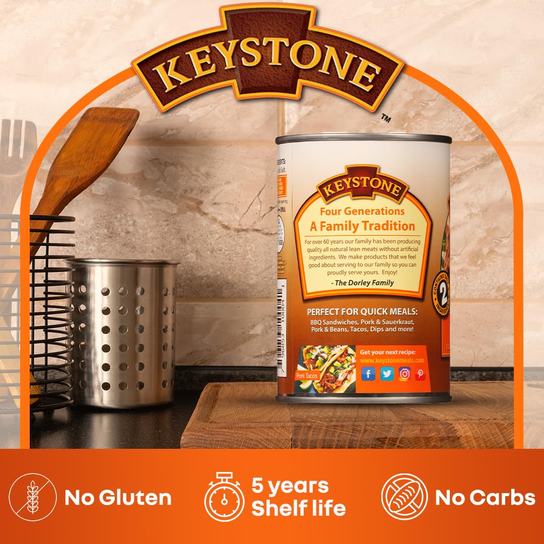 Keystone Meats All Natural Heat and Serve Canned Pork 14.5 Oz Fully Cooked Shelf Stable Canned Meat Emergency Survival Canned Food Ready to Eat No Preservatives Gluten Free Made in USA Pack of 24