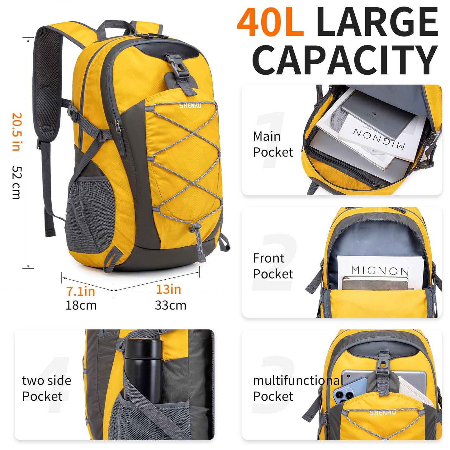 SHENHU 40L Hiking Backpack Lightweight Daypack Waterproof Travel Camping Backpack for Men Women Sport Packable