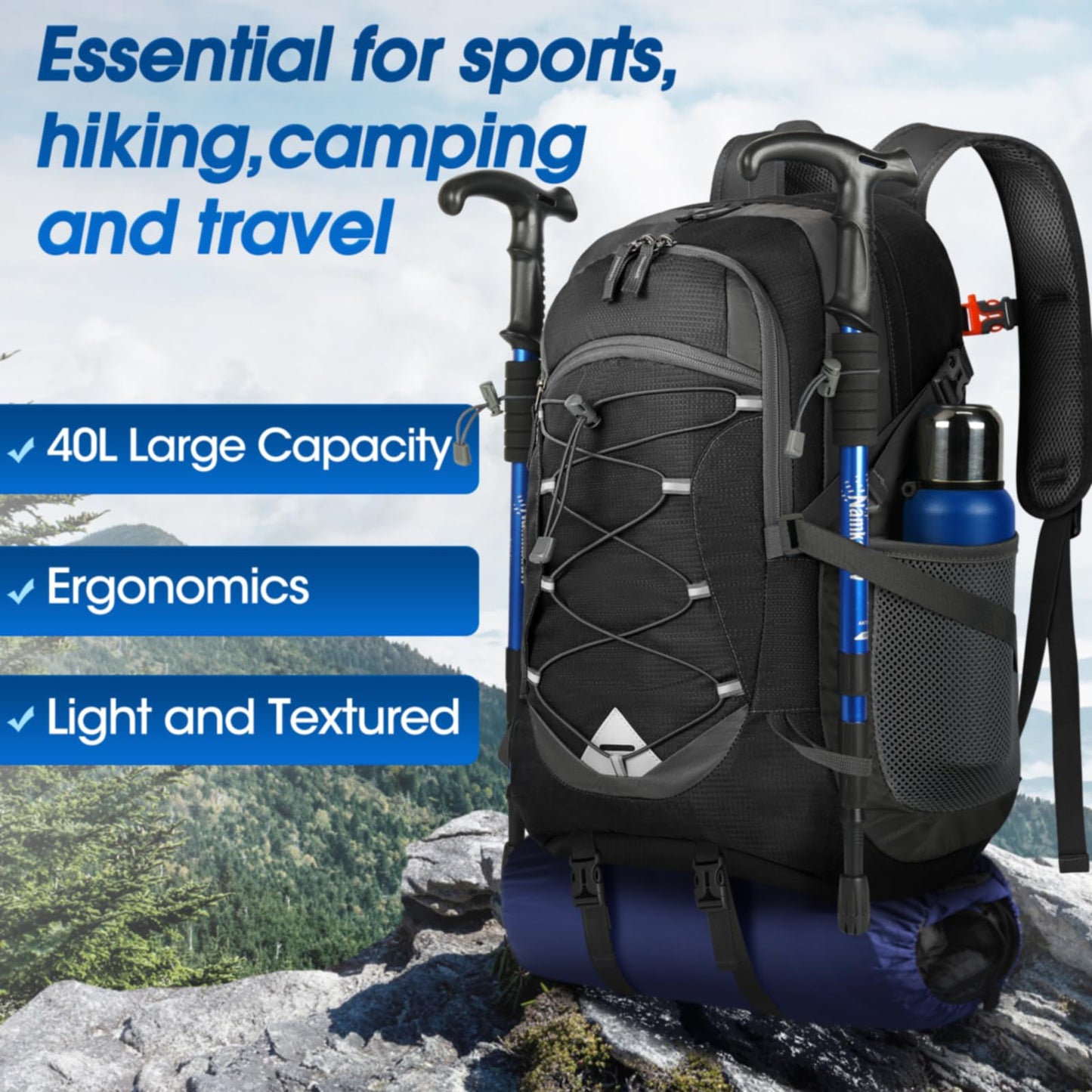 IGOLUMON Hiking Backpack 40L Packable Lightweight Camping Backpack Men Women Waterproof Hiking Daypack Outdoor Travel Daypack,Black