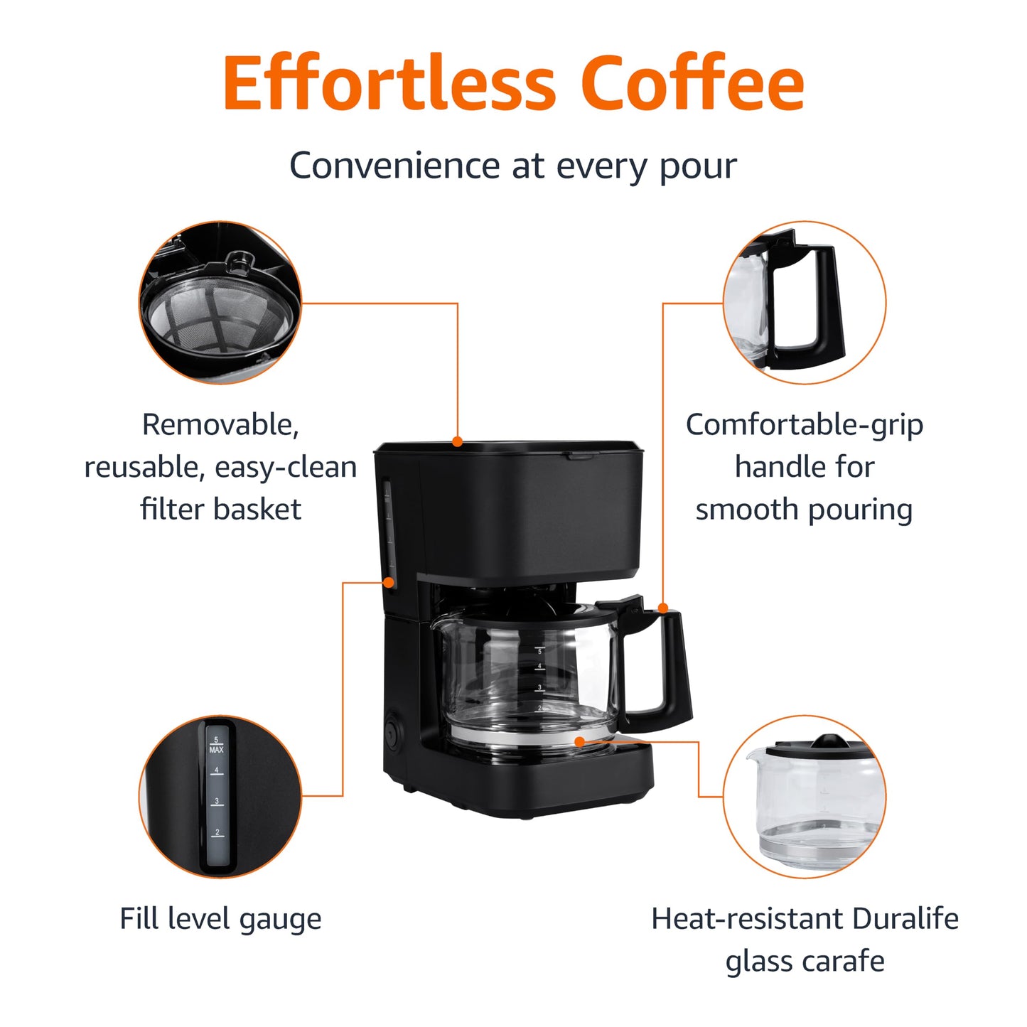 Amazon Basics Coffee Makers, 12-Cup Coffee Machines with Reusable Filter, Coffee Pots, Black & Stainless Steel