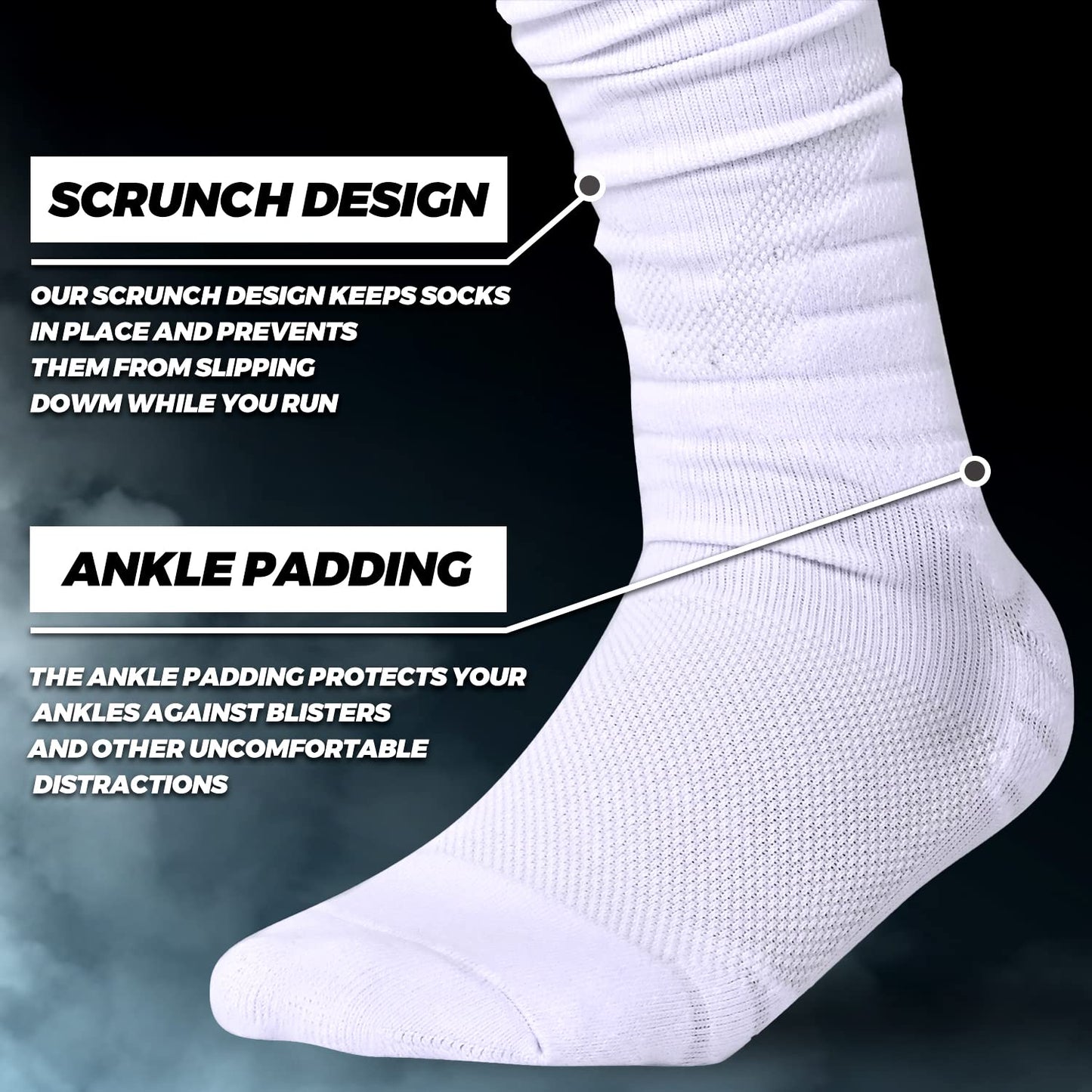 IRAMY Scrunch Long Football Socks Men Youth Boys 1 Pack Combed Cotton With Ankle Support Padded Knee High Socks Breathable White Sports Socks