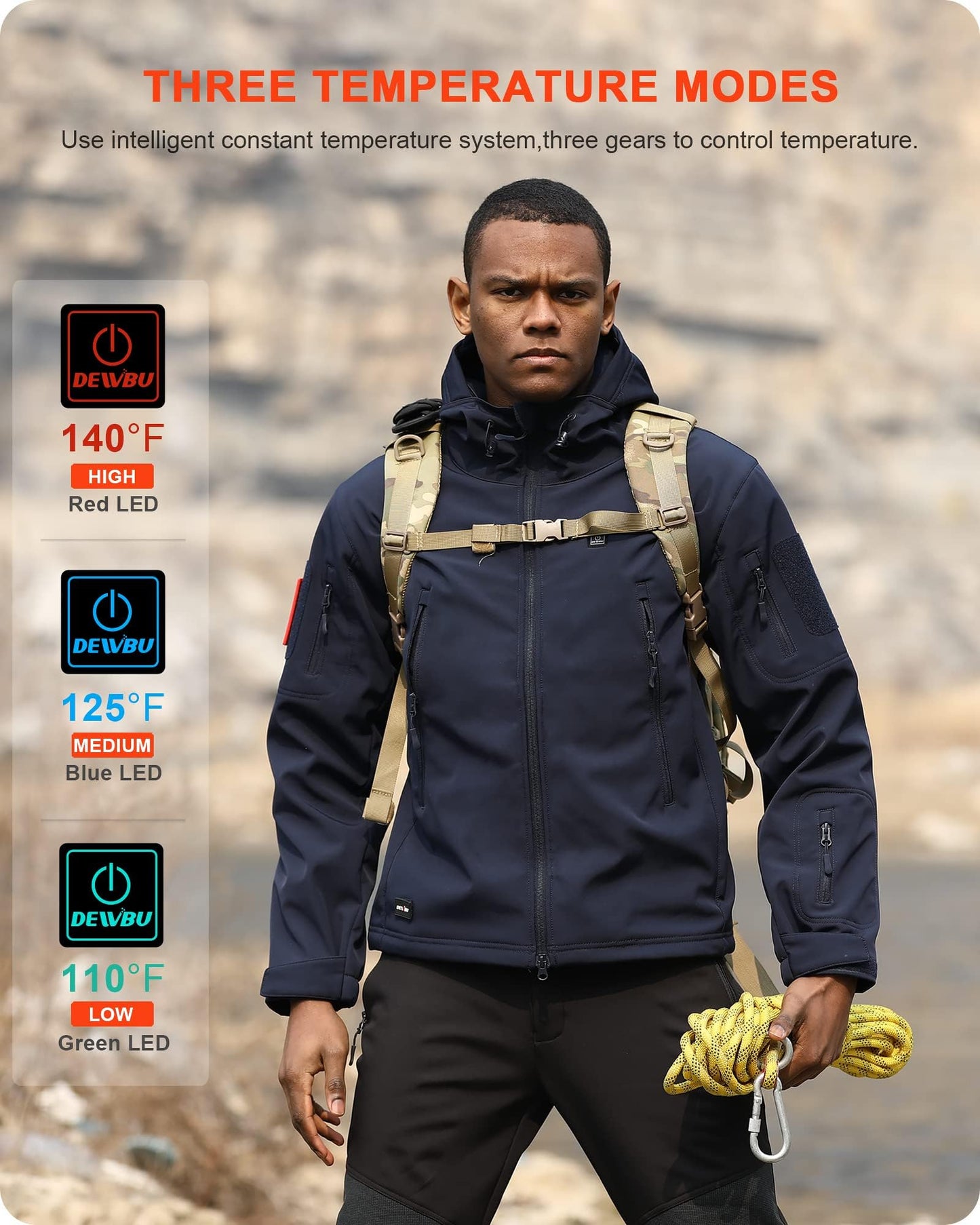 DEWBU Heated Jacket for Men with 12V Battery Pack Winter Outdoor Soft Shell Electric Heating Coat