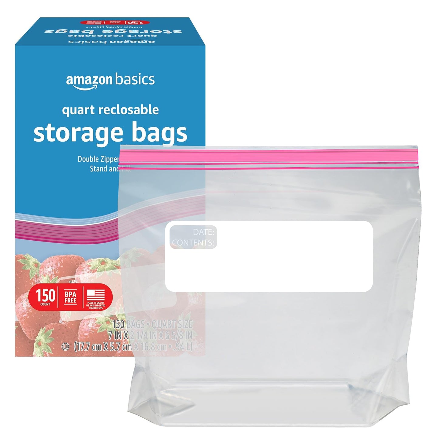 Amazon Basics Reclosable Quart Food Storage Bags, BPA Free, 150 Count