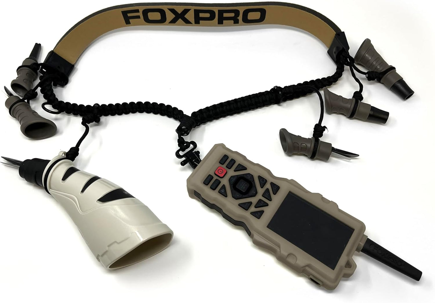 FOXPRO XD8 Tier Coyote Call Lanyard in Tan and Black Paracord Designed to Hold 6 Calls and Predator Electronic Game Call Remote