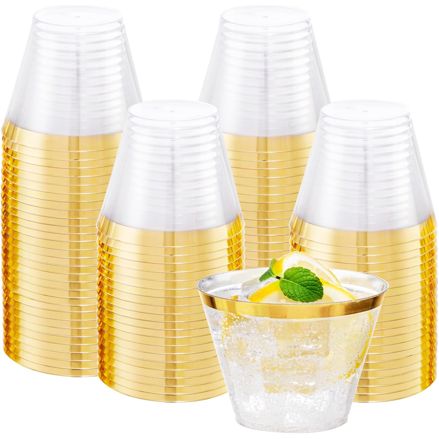 I00000 200 Pack Gold Plastic Cups, 9 Oz Elegant Clear Plastic Cups Gold Rimmed Disposable Wine Glasses Fancy Disposable Party Cups Wedding Cups Drinking Tumblers Plastic Cocktail Glasses with Gold Rim