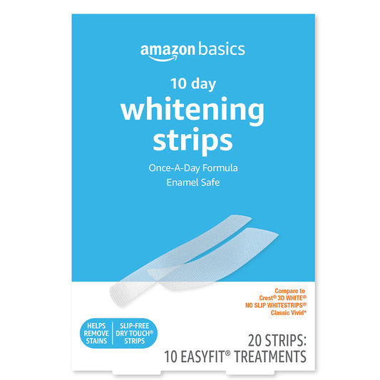 Amazon Basics 10 Day Teeth Whitening Strips Kit, Enamel Safe Formula, Convenient Daily Use, 10 Treatments, 1-Pack (Previously Solimo)