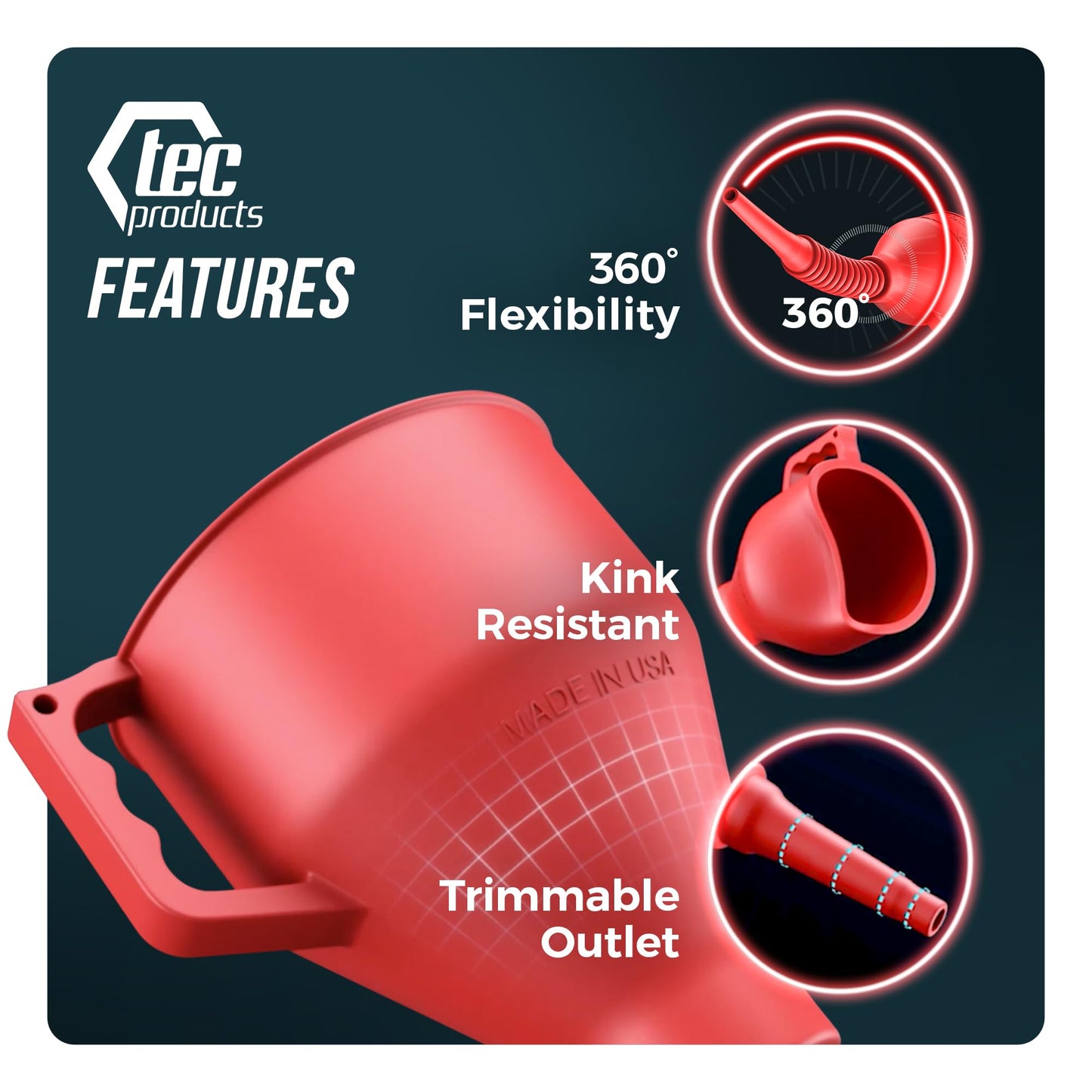 TEC Products FlexAll Funnel - Long Flexible Funnel for Automotive Use - Durable Nitrile Rubber - Ideal for Car Oil Change, Transmission Fluid, Diesel, Fuel, Gas - Made in USA - Red (16 x 5 Inches)