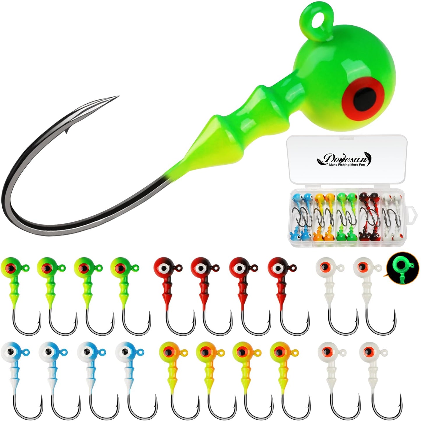 Dovesun Jig Heads for Fishing, Painted Jigheads with 3D Eye Ball Glowing Walleye | Bass | Crappie jigs 1/2oz 3/8oz 1/4oz 1/5oz 1/8oz 1/10oz 1/16oz 1/32oz Fishing Jig Hooks Assortment 15-40pcs