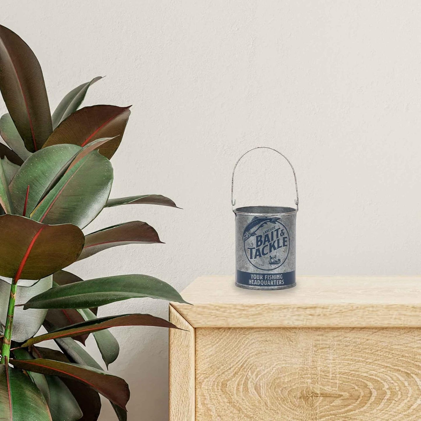 Open Road Brands Lakeside Bait and Tackle Metal Bucket - Decorative Fishing Pail for Pencils, TV Remotes or Tools